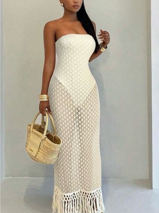 Dresses & Skirts - Strapless Crochet Maxi Dress in Cream